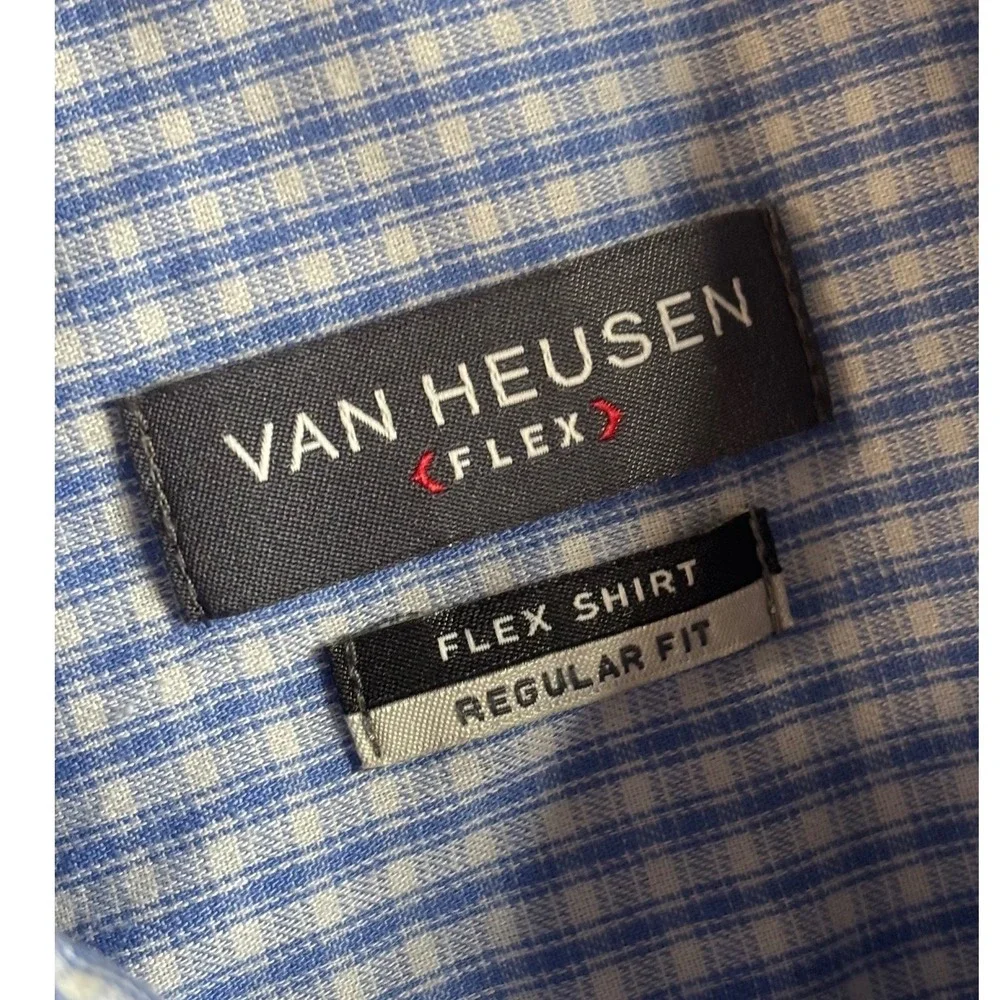 Van Heusen Mens‎ Dress Shirt 2XL Blue White Gingham Flex Regular Fit 18 32/33